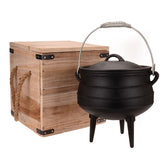 Potjie Pot Pre-Seasoned 8Litre Cast Iron with 3Feet, Spiral Bail Handle with Wooden Box with Handles